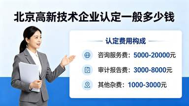 制作一张标题北京高新技术企业认定一般多少钱的图片，根据图片自主刻画图片，但要只突出标题，图片上有一个工作人员介绍，其他内容根据标题自由刻画，图片要求的横版的.jpg